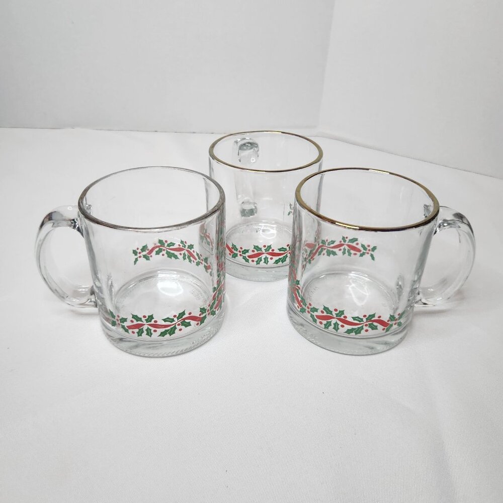 Vintage Clear Glass Arby's Mugs with Holly & Gold Rim Christmas Design Set Of 3